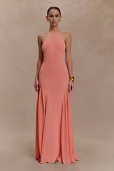 Soleil Knit And Mesh Halter Maxi Dress Coral