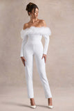 Ales White Bardot Tailored Straight Leg Jumpsuit With Feather Trim