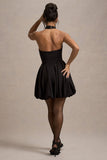 Klytie Black Halter Neck Mini Dress With Puff Ball Skirt