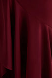 Rosy Burgundy Satin Boat Neck Maxi Dress With Front Split And Ruffled Detailing