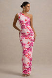 Dalarie Pink and Orange Floral Print One Shoulder Gathered Maxi Dress