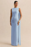 Premiere Powder Blue Boat Neck Maxi Dress With Cape Sleeves And Open Back