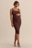 Lisbon Brown Maternity Square Neck Ruched Midi Dress