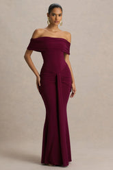 Envisioned Burgundy Bardot Neck Maxi Dress With Gathered And Drape Detail