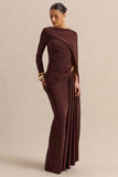 Orintha Brown Slashed Neck Maxi Dress With Cape And Gold Detail
