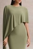 Ravena Olive Crew Neck Maxi Dress With Asymmetric Cape Sleeve
