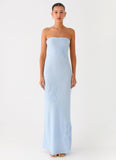 Sassafras Beaded Flower Strapless Maxi Dress Blue