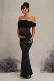 Inflorescence Black Mesh Floral Bardot Maternity Maxi Dress