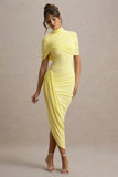 Enchant Lemon Asymmetric Twisted Cape Midi Dress