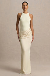 Akari Cream Crew Neck Maxi Dress With Satin Skirt