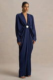 Tina Navy Satin Plunge Neck Embellished Maxi Dress