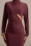 Pandora Burgundy Long Sleeve Midi Dress With Cut Out