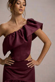 Sandie Merlot Satin Bardot Ruffled Crop Top