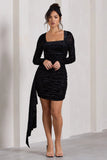 Crimson Cut Black Velvet Floral Long Sleeved Ruffled Bodycon Mini Dress
