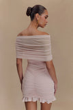 Caspian Slinky And Mesh Off Shoulder Mini Dress Pale Pink