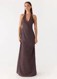 Float Away Maxi Dress Chocolate Blue Dot