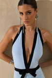 Cosmina Powder Blue Plunge Neck Maxi Dress With Bow Detail