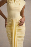 Lorenza Pale Lemon High Neck Ruched Maxi Dress With Draped Skirt