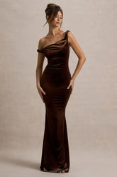 Neeka Brown Velvet Twisted Asymmetric Maxi Dress