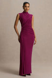 Solene Burgundy High Neck Maxi Dress With Wrap And Drape Detail