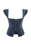 Loretta Cap Sleeve Denim Top Washed Dark Blue