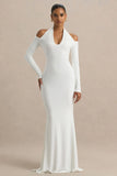 Living High White Halter Neck Maxi Dress With Long Sleeves