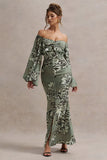 Murcia Olive Floral Print Chiffon Puff Sleeve Button Maxi Dress