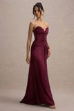 Desirie Plum Satin Sweetheart Gathered Maxi Dress