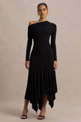 Isola Black Asymmetric Neck Midi Dress With Hanky Hem