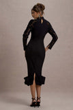 Chandra Black Mesh Long Sleeve Midi Dress With Ruffle Hem