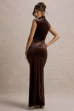 Abilene Chocolate Velvet High Neck Split Maxi Dress