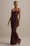 Ali Warm Brown Sweetheart Ruched Wrap Maxi Dress