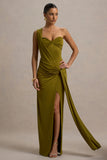 Erminia Olive Green One Shoulder Twist Wrap Maxi Dress