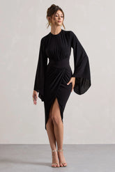 Lennox Black Drape Sleeve Gathered Midi Dress