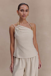 Gabby Asymmetrical Neckline Linen Beaded Top Natural