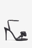 Sweet Step Black Satin Strappy Heeled Sandals With Flowers