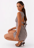 Lotus Tie Back Mini Dress Chocolate Gingham