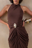 Horizon Brown High Neck Maxi Dress With Draped Detailing