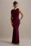 Rae Burgundy Maxi Dress With One Sleeve Cape