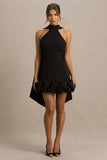 Geneve Black Halter Neck Mini Dress With Ruffled Trim