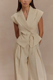 Raya Mid Rise Wide Leg Linen Pant Natural Beige