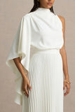 Jimena Cream High Neck Midi Dress With One Long Sleeve And Pleated Detailing
