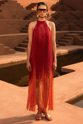 Alessia Orange Ombre Fringe High Neck Maxi Dress