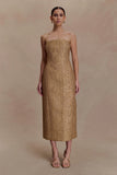 Gala Strapless Tweed Midi Dress Gold
