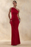 Caelia Red Asymmetric Neck Maxi Dress With Gold Detailing And Sash