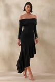 Goldara Black Bardot Neck Maxi Dress With Ruffled Asymmetric Hem