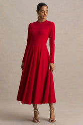 Bellamy Red Crew Neck Long Sleeve Midi Dress