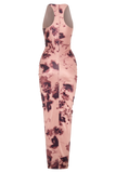 Alessandra Slinky Ruffle Maxi Dress Pink Blurred Floral Print