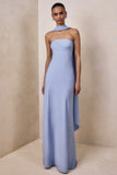 Charly Powder Blue Matte Satin Bandeau Maxi Dress With Scarf Detail
