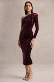 Vespera Burgundy Velvet Asymmetric Neck Midi Dress With Bow Detail
